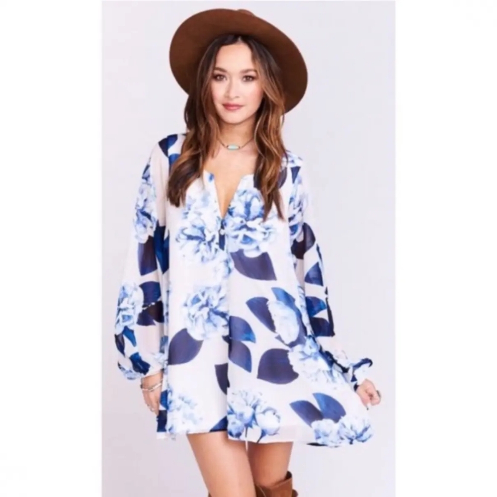 Show Me Your Mumu Bouquet Blue Floral Tunic Mini Dress Small Boho Trapeze V-Neck